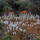 Esta foto, tomada el 27 de marzo de 2022, muestra a los rescatistas de pie en un tributo en silencio por las víctimas en el lugar del accidente aéreo de China Eastern Airlines en el condado de Tengxian, ciudad de Wuzhou, en la región sureña de Guangxi en China. - El Boeing 737-800 volaba entre las ciudades de Kunming y Guangzhou el 21 de marzo cuando cayó en picado contra la ladera de una montaña, se desintegró en el impacto y mató a las 132 personas a bordo.